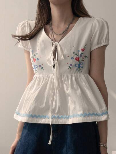 DAZY Women's V-Neck Petal Sleeve Korean Style Embroidered Blouse, Summer