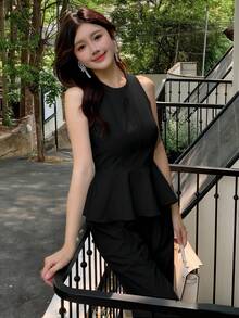 DAZY Women's Sleeveless Round Neck Ruffle Hem Solid Color Long Tank Top 2 Pieces Set, Summer Short Sets For Women - Black - View 4