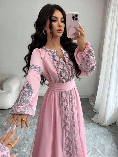 Elenzga Đầm dạ hội thanh lịch mùa Thu/Đông mới dành cho nữ, thích hợp cho Giáng sinh/Halloween/Lễ Tạ ơn/Năm mới, kiểu dáng sang trọng, tay phồng phối lưới, cổ chữ V thắt eo in họa tiết Peris, đầm dự tiệc cưới/lễ tốt nghiệp in hoa trắng.