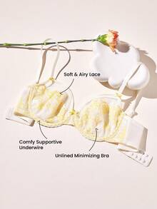 LUVLETTE Soft Woman Lingerie Breathable Underwire Sexy Unlined Minimizer Yellow & White Floral Lace & Sheer Mesh Bra - Beige - View 11