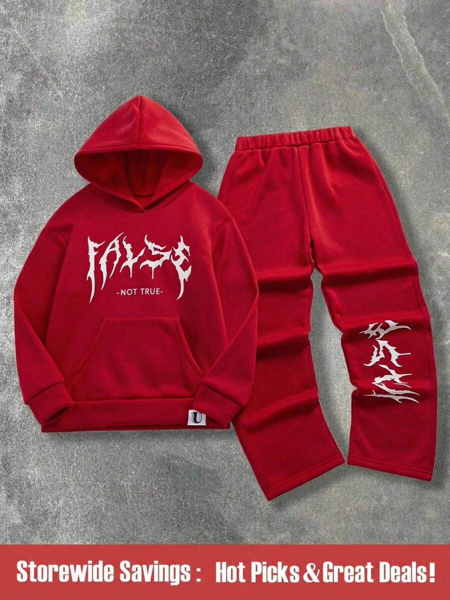 SHEIN 2pcs/Set Tween Boy Stylish Graphic Print Hoodie And Sweatpants Set Chic Outfits For Autumn/Winter - Red - View 1