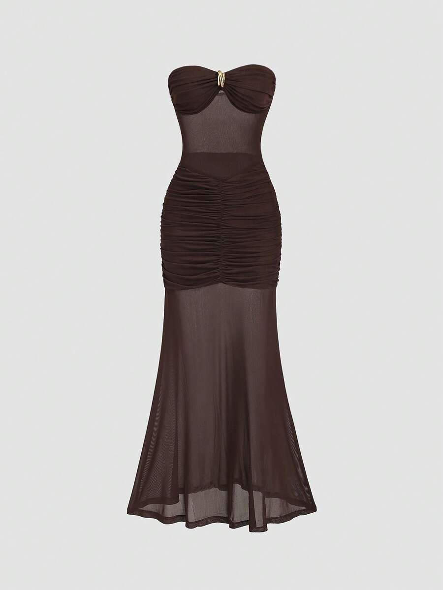 Sweetra 新款春夏网纱连衣裙，适合度假穿着 - 棕色 - 查看 1