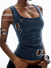 LYSMO 女士纯色U领宽肩带镂空修身时尚夏季吊带衫 - 藍色 - 查看 8