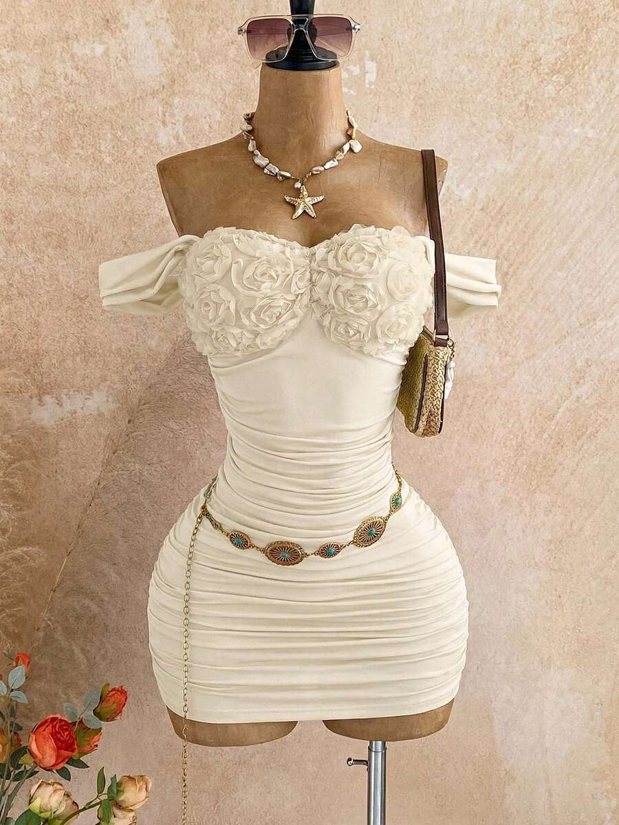 Soleia Đầm ngắn trễ vai xếp ly thời trang dành cho nữ - Màu be - Xem 1