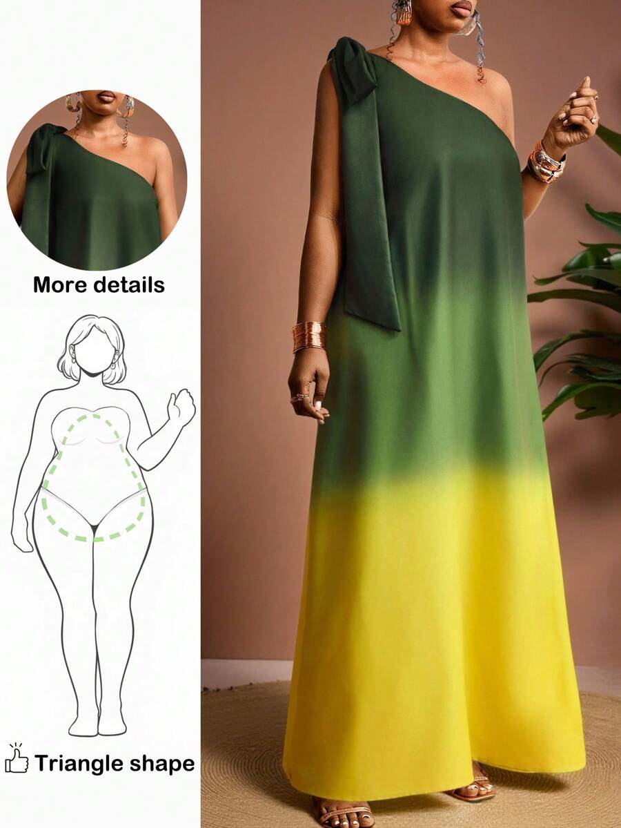 Truni 大码女士优雅渐变色不对称肩连衣裙，适合春夏度假和约会，是女士夏季服装的理想之选。这款连衣裙也适合春季节日、海滩等场合穿着。优雅长款连衣裙，单肩设计，适合度假、海滩等各种场合，撞色拼接，单袖日落渐变色，大码度假风，曲线优美，适合梨形和三角形身材。