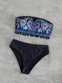 Swim Vcay 女款黑色夏季波西米亞風兩件式比基尼套裝，刺繡花卉大象平口短版上衣，高腰性感三角褲，適合海灘派對、度假、度假氛圍 - 黑色 - 查看 5
