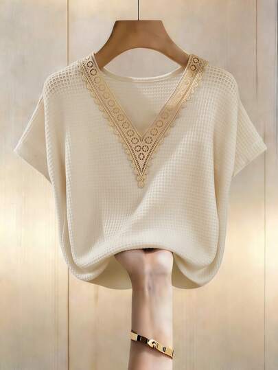 Franclia Casual Lace Collar Floral Short Sleeve T-Shirt, Suitable For Vacation, Commute, Waffle Fabric, Spring/Summer Women Tee