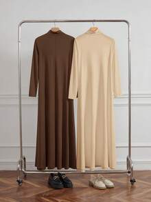 Al Najma 女士保守黑白高领针织长袖打底衫及阿巴雅长袍套装，端庄休闲T恤阿拉伯连衣裙，阿巴雅内衬连衣裙，必备基础款长裙 - 彩色 - 查看 2