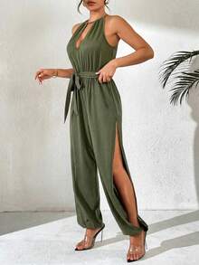 Breezaya Spring & Summer Deep V-Neck Elastic Waist Tie Strap Side Slit 3/4 Length Jumpsuit - Army Green - View 4