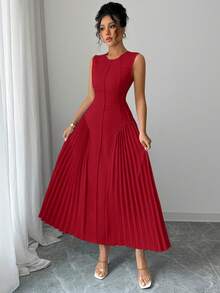 Rafferiza Vestido plisado de línea A sin mangas con cuello mao, diseño minimalista para mujer, primavera/verano - Rojo - Ver 7