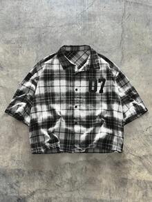 AXEPEAK Men's Short Sleeve Plaid Front Button Casual Versatile Shirt, Summer - Black and White - View 2