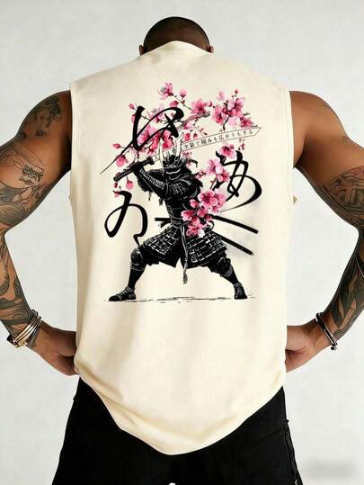 Men's vest, menswear, regular fit, sleeveless, streetwear, Japanese samurai warrior, cherry blossom and calligraphy graphic print, suitable for everyday wear and outdoor activities, made of comfortable fabric, machine washable.