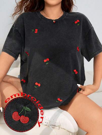 Solflare Plus Size Women's Cherry Embroidery Round Neck Short Sleeve T-Shirt, Spring/Summer, Summer Tops