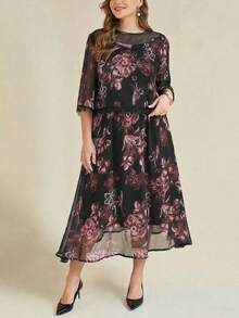 Rometta 女士优雅简约网纱蕾丝拼接花卉大码两件套连衣裙，带袖花卉连衣裙，女士优雅特殊场合连衣裙，蕾丝边连衣裙，女士蕾丝边连衣裙，女士花卉中长连衣裙，女士特殊场合连衣裙 - 彩色 - 查看 7