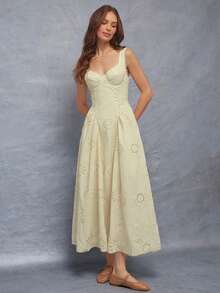 Summer Seashell Embroidered Bustier Sweetheart Neck Underwire Cups Drop Waist Ruffle Sides Fit & Flare Sleeveless Midi Dress Spring Beach Vacation - Light Yellow - View 4