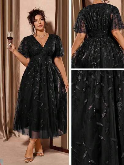 Cravure Plus Size Elegant V-Neck Mesh Sequin Ruffle Hem Party Dress, Red