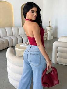 Dayanna Comas Women's Fashion Casual Sexy Solid Color Halter Backless Tank Top - Burgundy - View 2