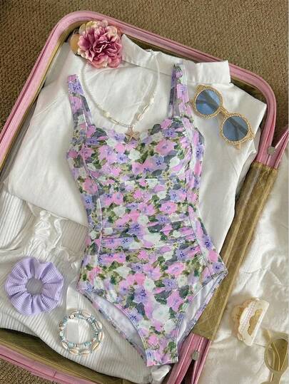 SHEIN MOD 1 pieza Traje de baño de una sola pieza con ajuste ceñido, tirantes ajustables y estampado floral completo para mujer, ideal para verano y vacaciones en la playa