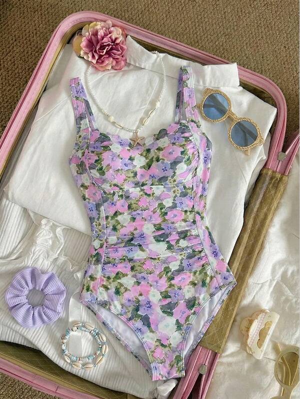 SHEIN MOD 1 pieza Traje de baño de una sola pieza con ajuste ceñido, tirantes ajustables y estampado floral completo para mujer, ideal para verano y vacaciones en la playa