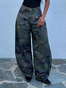 Tyla Gomez Fashionable Casual Street Style Pleated Camouflage Low Waist Super Wide Leg Jeans - Army Green - View 3