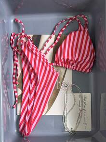 Swim Mod Women's Tropical Cute Striped Print Halter Tie Bikini Two Pieces Bikini Set Set, Casual Beach Party - Multicolor - View 1