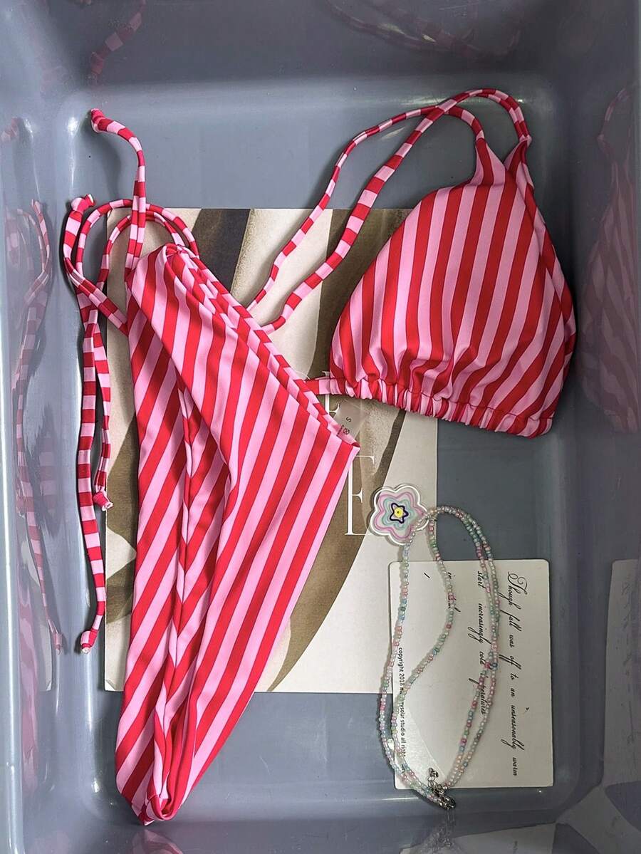 Swim Mod Women's Tropical Cute Striped Print Halter Tie Bikini Two Pieces Bikini Set Set, Casual Beach Party - Multicolor - View 1