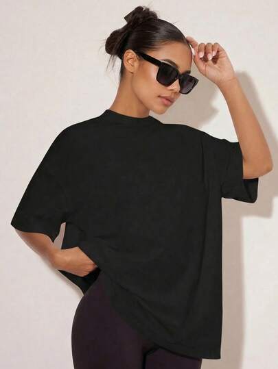 SHEIN Camiseta de cuello redondo de manga corta acanalada para adolescentes