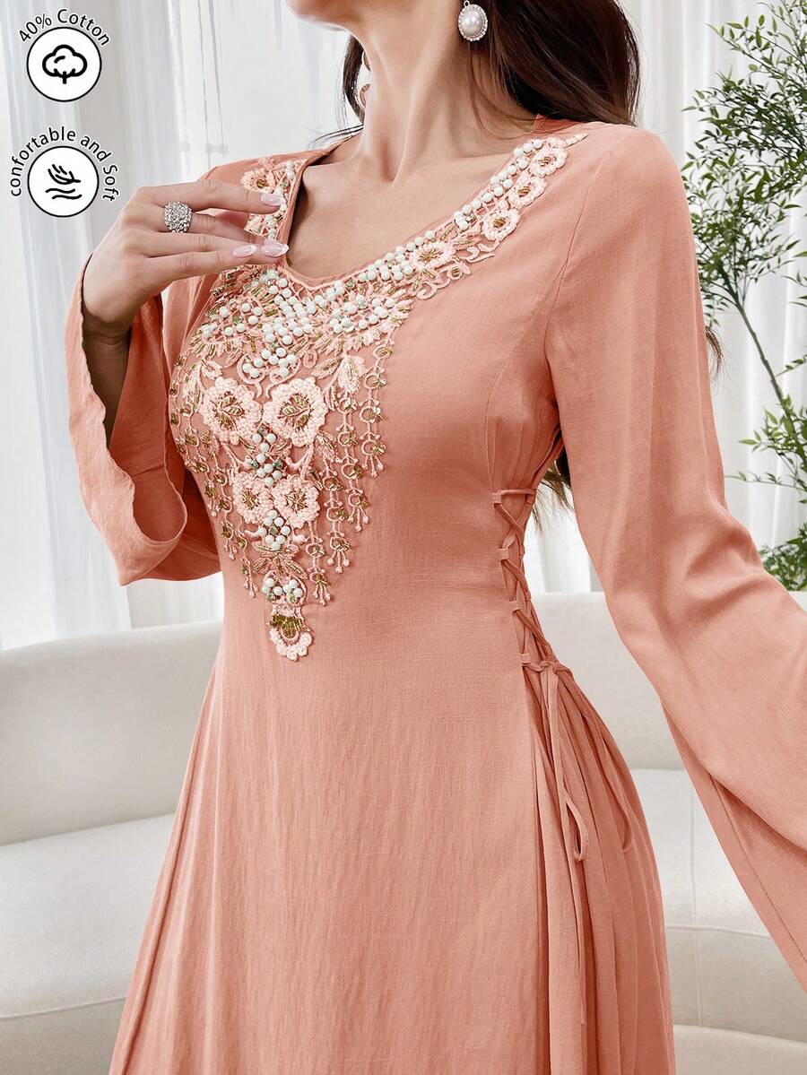 Al Najma 女士优雅阿拉伯风格V领喇叭袖腰部系带连衣裙