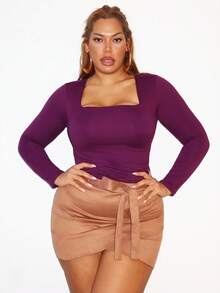 MelDlgn Plus Size Women Square Neck Long Sleeve Fitted T-Shirt, Autumn Fall Cloth For Women - Burgundy - View 5