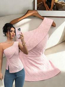 Elenzga Blusa de mujer de tela texturizada con bajo asimétrico, elegante y romántica para uso casual, de oficina, citas, fiestas y cenas, primavera/verano - Rosa - Ver 7