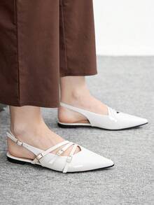 CUCCOO BIZCHIC 女士尖头白色漆皮亮面多带金属扣后跟绑带时尚约会百搭通勤平底鞋 - 白色 - 查看 4