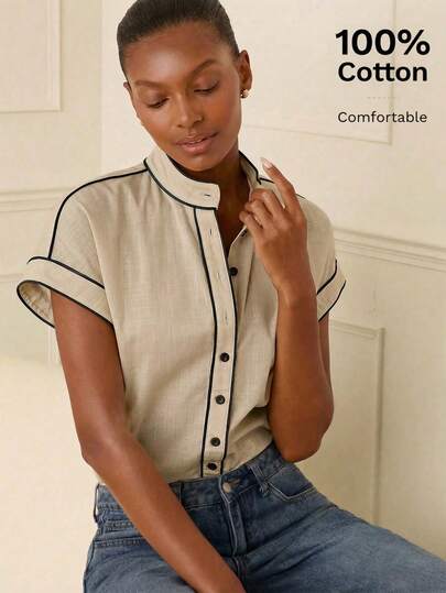 Lilora Camicia elegante da donna in cotone a maniche corte con contrasto di colori, di alta qualità, stilosa, versatile ed elegante, adatta per pendolarismo, uso casual quotidiano, uscite, feste, appuntamenti, raduni, attività ricreative, picnic, vacanze, viaggi estivi e festivi. Camicia con bottoni in alto in abbigliamento in cotone per donna, top casual occidentali per donna, abbigliamento in cotone per donna, outfit casual da donna, top e bluse da donna, camicie per donna casual, bluse in cotone da donna