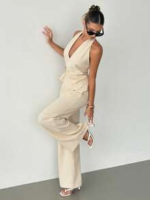 Siren Gaze Bộ đồ nữ gồm áo yếm xếp ly cài kim loại và quần dài, trang phục công sở thanh lịch mùa hè dành cho quý cô. - Màu be - Xem 7