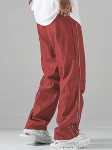 Manfinity Hypemode Men's Long Dark Red Sporty Wide Leg Woven Fabric Pants With Lettering Detail And Pockets - Dark Red - View 2
