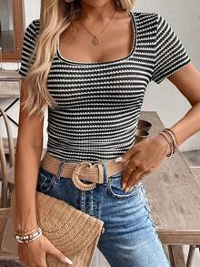 SHEIN Frenchy Camiseta básica simple de mujer con pliegues y contraste de colores a rayas - Blanco y Negro - Ver 5