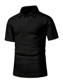 Manfinity Homme Plus Size Men's Black Summer Casual Smart Asymmetric Plaid Jacquard Polo Shirt, Short Sleeve Button Up Collared Top, Old Money City Break Streetwear Men - Black - View 4