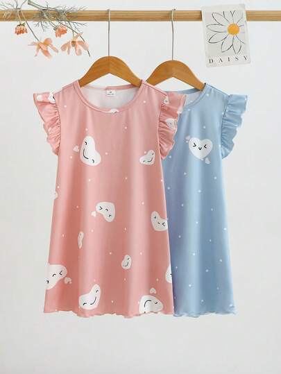 Genkimix Kids 2pcs/Set Young Girl' Cap Sleeve Frill Trim Casual Nightgown & Loungewear Set, Spring/Summer