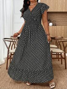 SHEIN Tall CURVE 优雅通勤度假风休闲女装时尚花卉图案百搭舒适褶皱荷叶边短袖弹力腰长连衣裙，白色，大码及高个款 - 黑色 - 查看 4