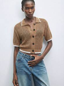 Maija Contrast Color Trim Hollow Out Short Sleeve Knit Cardigan - Brown - View 7