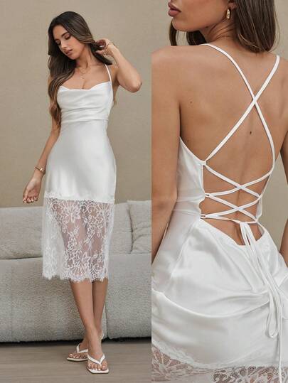 HautHeat Women's Lace Patchwork High Slit Slip Dress