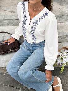 Serisse Áo sơ mi dài tay cài cúc họa tiết hoa cho nữ, kiểu dáng đi nghỉ mát. - trắng - Xem 5