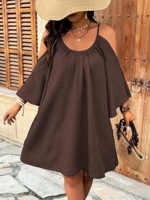 Weeklong Vestido midi casual de línea A con cuello redondo, fruncido, plisado, abertura y mangas 3/4 para tallas grandes - Marrón - Ver 8