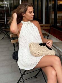Cévolie Women's Polka Dot Halter Neck Fashionable Date Party Mini Dress - White - View 1