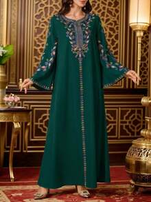 Al Najma Đầm maxi dài tay họa tiết cây cỏ kiểu Ả Rập truyền thống dành cho nữ. - màu xanh lá - Xem 8