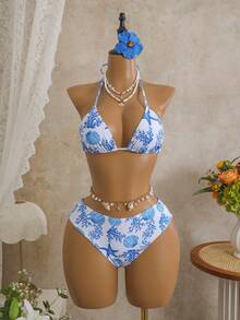 Bellisia Bộ bikini 3 mảnh gợi cảm họa tiết da báo, cổ yếm, cúp ngực tam giác, chất liệu lưới, buộc dây bên hông, dành cho nữ, thích hợp cho kỳ nghỉ. - Xanh và trắng - Xem 3
