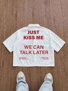 Manfinity Roghcode Casual Cropped Loose Red Slogan Graphic Print White Pattern Shirt - White - View 1