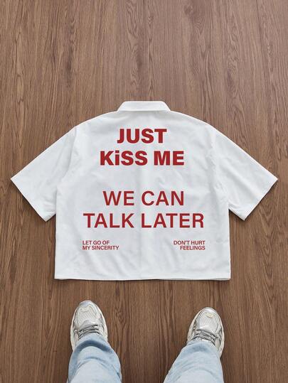 Manfinity Roghcode Casual Cropped Loose Red Slogan Graphic Print White Pattern Shirt