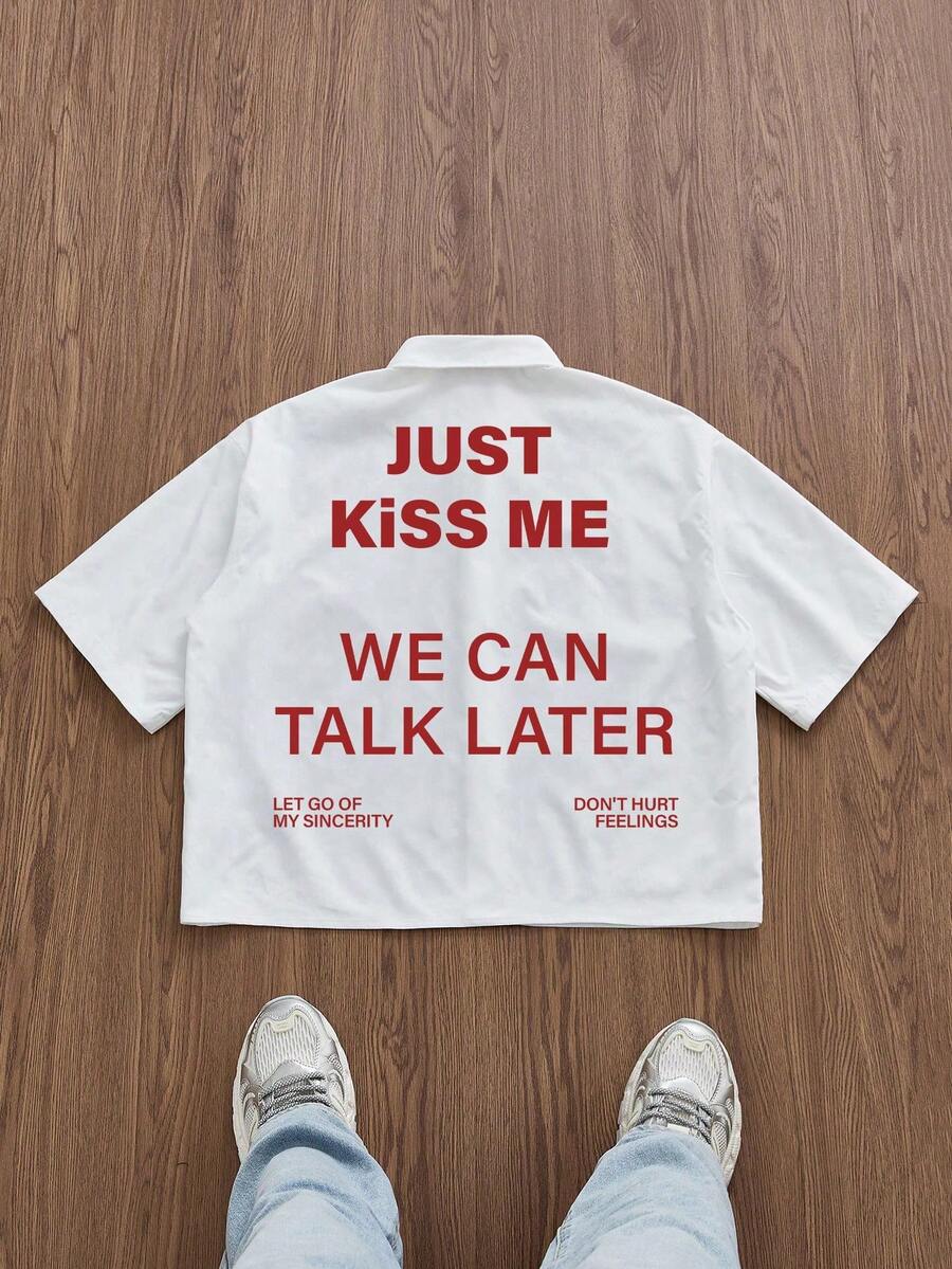 Manfinity Roghcode Casual Cropped Loose Red Slogan Graphic Print White Pattern Shirt - White - View 1