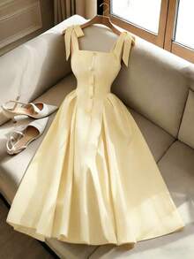 Elenzga 新款系带肩部纹理双色编织中长连衣裙，青春优雅百搭的办公服饰 - 鵝黃色 - 查看 8