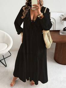 Vionelle 大码女装春夏休闲度假浪漫复古雪纺荷叶边V领长袖宽松长裙 - 黑色 - 查看 7